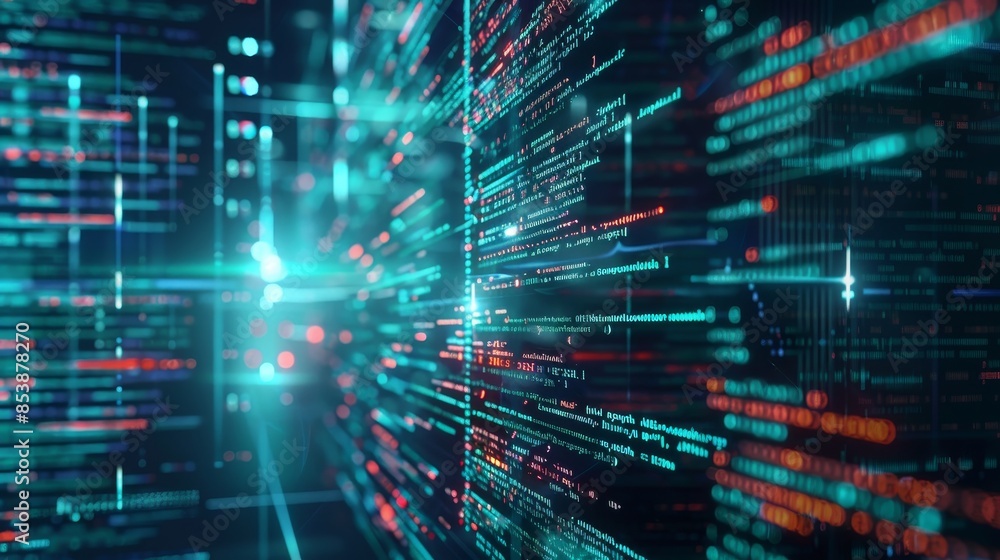 This image shows an abstract network with random programming code, a web and software development concept, a futuristic technology concept, a digital connection, and an image of cyberspace (3D This image shows an abstract network with random programming code, a web and software development concept, a futuristic technology concept, a digital connection, and an image of cyberspace (3D
