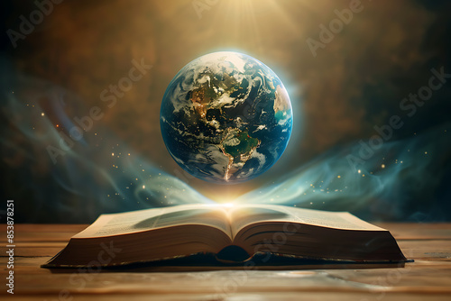 The light from inside the book illuminates the planet Earth, symbolizing knowledge enlightening the world. © Helen