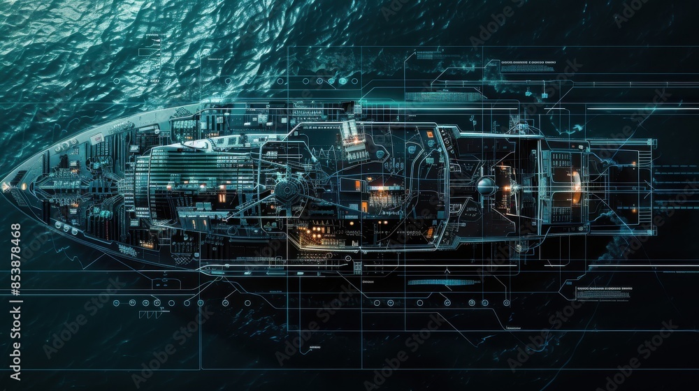 Aerial view of a futuristic ship design overlay on ocean water, showcasing advanced technology and engineering in maritime vessel. Aerial view of a futuristic ship design overlay on ocean water, showcasing advanced technology and engineering in maritime vessel.