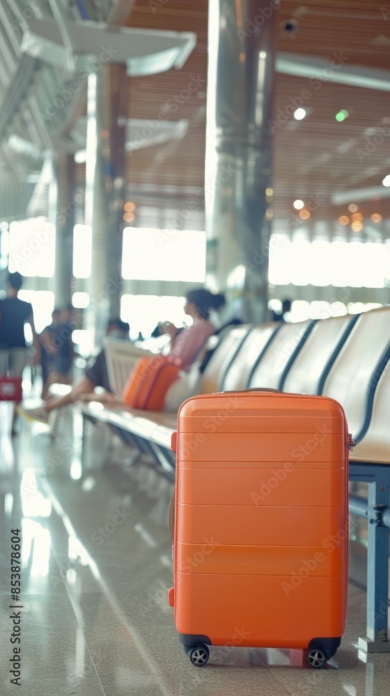 Orange Suitcase Placed Beside an Airport Terminal Seat Orange Suitcase Placed Beside an Airport Terminal Seat