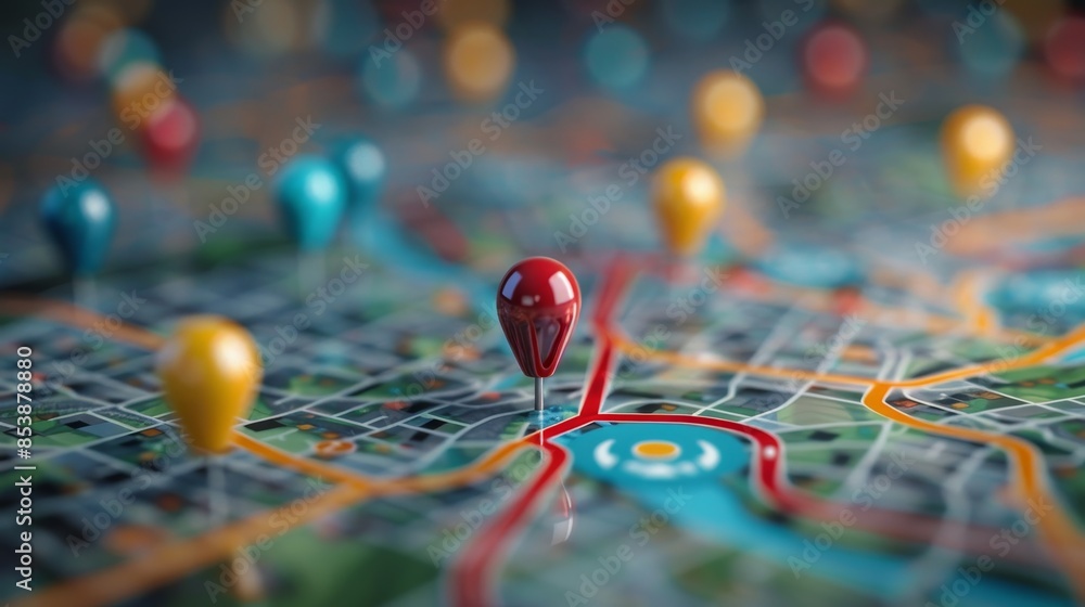 Event Planning: A 3D vector illustration of a map with pins indicating various locations for event planning Event Planning: A 3D vector illustration of a map with pins indicating various locations for event planning