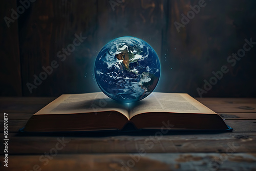 The light from inside the book illuminates the planet Earth, symbolizing knowledge enlightening the world.