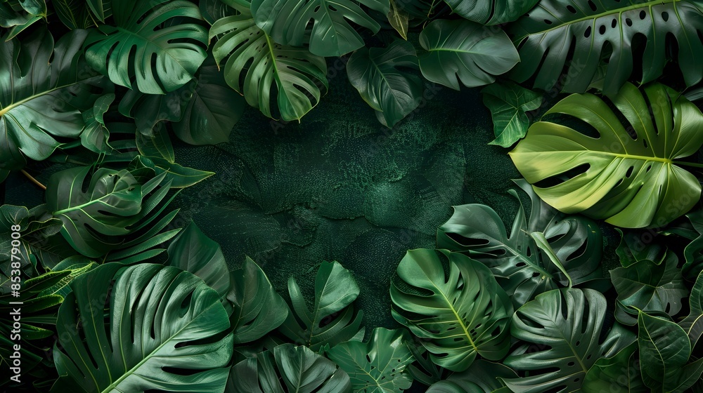 Lush Green Tropical Foliage Backdrop with Monstera and Palm Leaves Lush Green Tropical Foliage Backdrop with Monstera and Palm Leaves