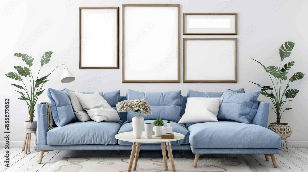 Mockup frames of various sizes on the wall of living room with blue sky sofa Mockup frames of various sizes on the wall of living room with blue sky sofa