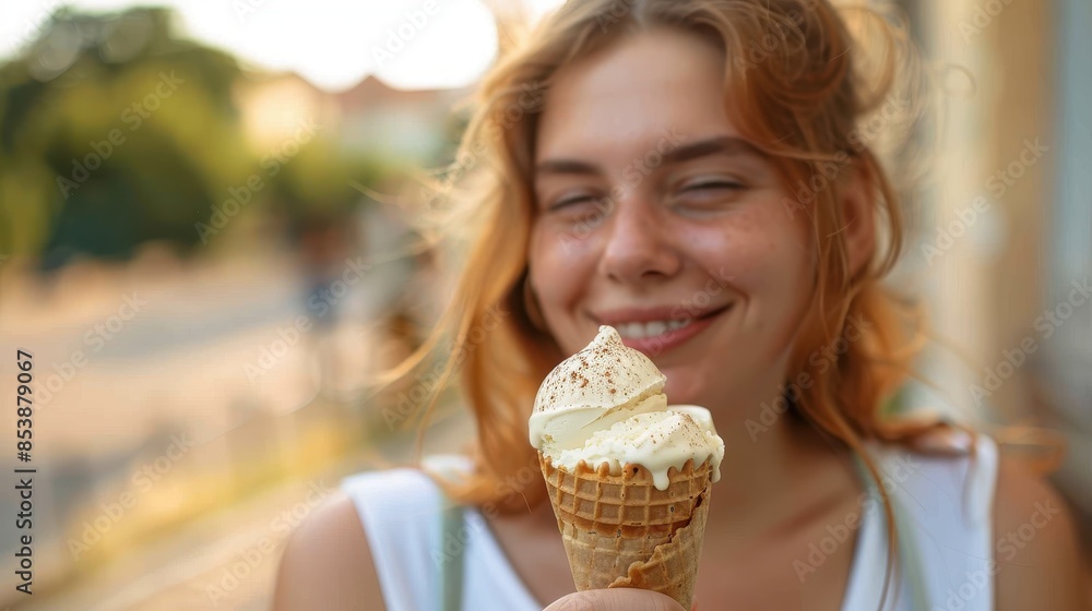 Close-up of a young woman smiling while holding a vanilla ice cream cone on a sunny day Close-up of a young woman smiling while holding a vanilla ice cream cone on a sunny day