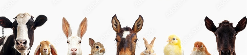 Farm barn animal family, black and white cow, goose, chick, white rabbit, goat, brown horse full body shot isolated on transparent background cutout, PNG document. Farm barn animal family, black and white cow, goose, chick, white rabbit, goat, brown horse full body shot isolated on transparent background cutout, PNG document.