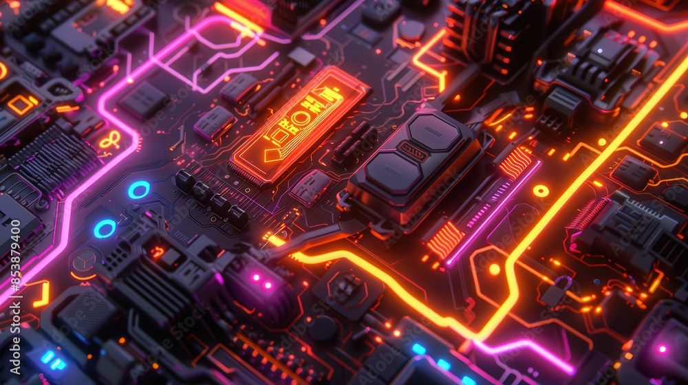 Close-up of a futuristic, neon-lit circuit board with glowing pathways and electronic components, showcasing advanced technology and digital innovation.