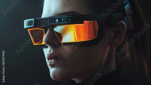 Obraz na płótnie Close-up of a futuristic augmented reality headset with reflective lenses, signifying advanced technology and innovation.