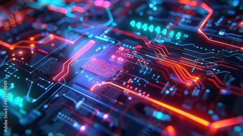 Close-up of a futuristic computer circuit board with glowing neon lights, representing advanced technology and innovative design.