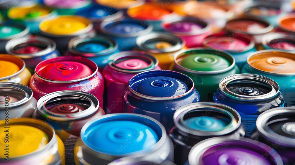 Close-up of numerous spray paint cans, vibrant colors, arranged in a circular pattern, against a pristine white background Close-up of numerous spray paint cans, vibrant colors, arranged in a circular pattern, against a pristine white background