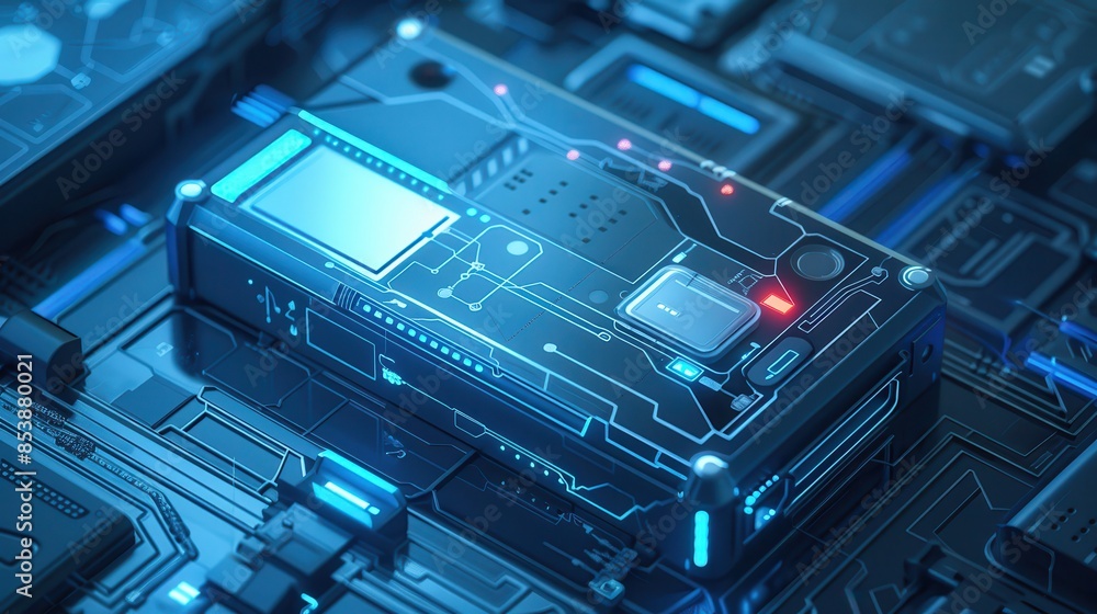 Close-up of a futuristic high-tech microchip on a circuit board, glowing with blue and red lights, showcasing advanced technology.