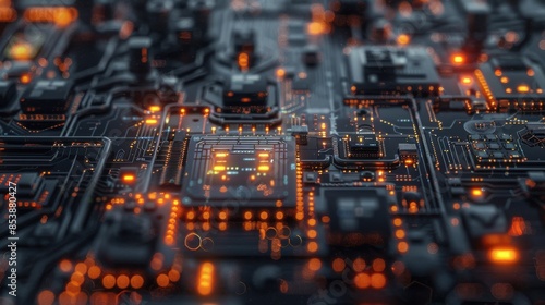 Close-up of a glowing computer motherboard with intricate circuits and components, representing modern technology and electronics. photo