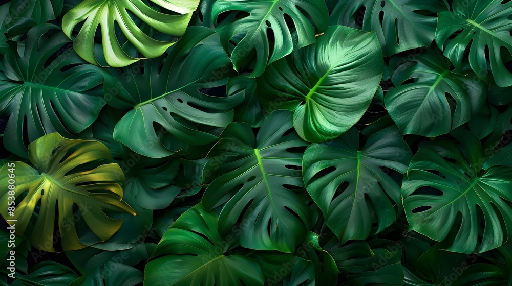 Vibrant Tropical Leaf Foliage Background with Lush Green Monstera Leaves Vibrant Tropical Leaf Foliage Background with Lush Green Monstera Leaves