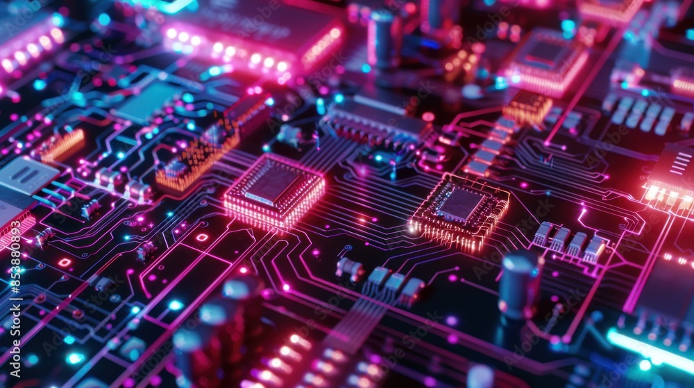 Close-up of a illuminated circuit board with various electronic components, highlighting the technology and complexity of modern hardware. Close-up of a illuminated circuit board with various electronic components, highlighting the technology and complexity of modern hardware.