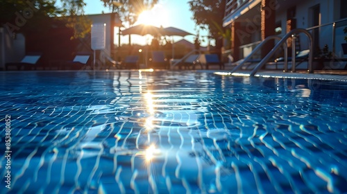 An empty swimming pool in the early morning light  with clear blue water and reflections of surrounding buildings and trees. creating an atmosphere of calmness and serenity.