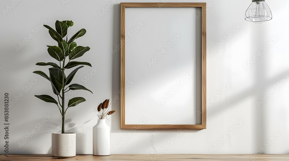 Minimalist and Cozy Living Room Interior with Green Plant Decor and Mirror Wall Accent