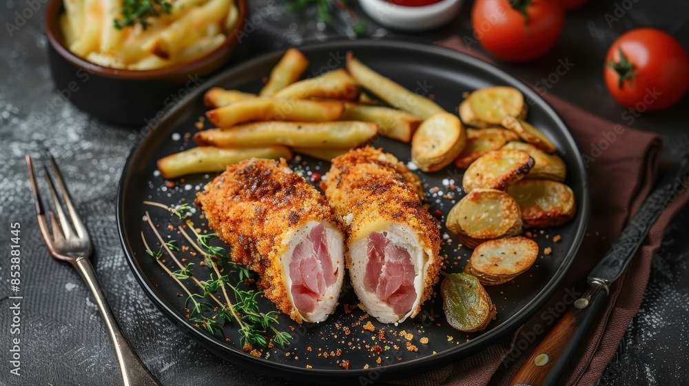 Plate serving chicken cordon bleu accompanied by roasted potatoes and fresh herbs Plate serving chicken cordon bleu accompanied by roasted potatoes and fresh herbs