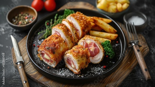 A plate with sliced crispy chicken cordon bleu garnished with parsley, surrounded by spices