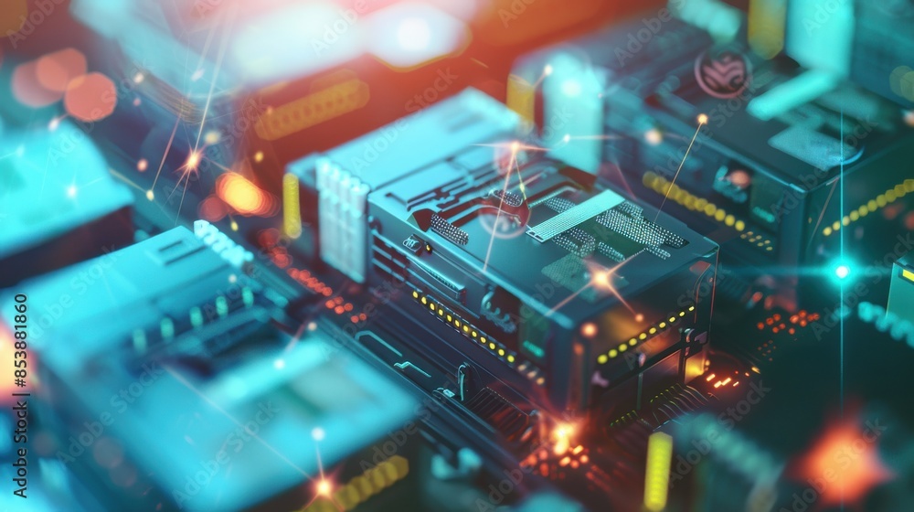 Close-up of electronic circuit board with glowing components, showcasing advanced technology and hardware design in vibrant colors. Close-up of electronic circuit board with glowing components, showcasing advanced technology and hardware design in vibrant colors.
