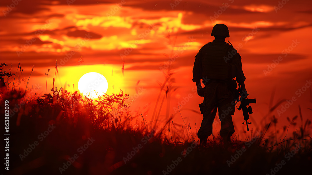 Fototapeta premium A soldier's silhouette against a fiery sunset, symbolizing resilience.