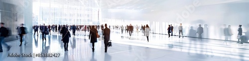 Blurred businesspeople walking at a trade show, conference or walking in a modern hall, motion speed blur, wide panorama banners