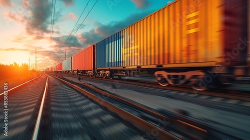 Freight Trains on Railroad Tracks with Motion Blur Capturing Speed and Movement of Cargo Containers