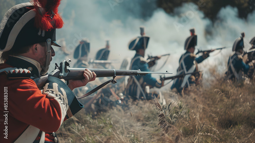 Reenactment of a historical battle scene with accurate uniforms and weaponry.


