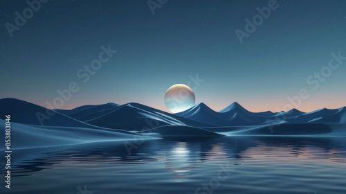  model style, bulging sand dunes behind, calm lake in front, mysterious and quiet, unreality, stars, night light  photo