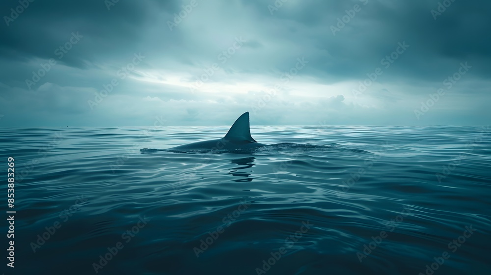Fototapeta premium A shark fin is seen above the water surface, a sense of danger and fear in an ocean setting.