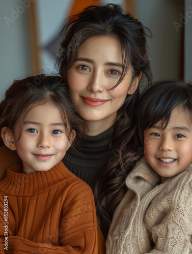 A Chinese family portrait that exudes warmth and closeness, featuring a mother and two young children.