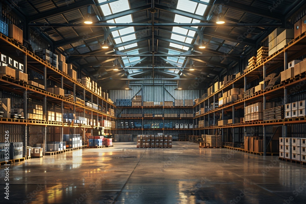Shelves and pallets of goods in warehouse Shelves and pallets of goods in warehouse