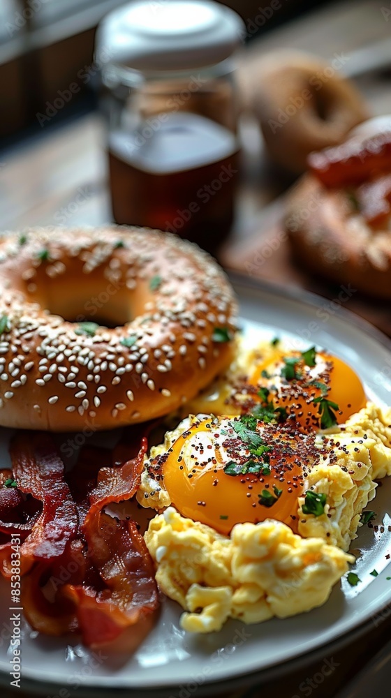 a plate with scarmbled eggs, bacon, and a bagel, blurred background a plate with scarmbled eggs, bacon, and a bagel, blurred background