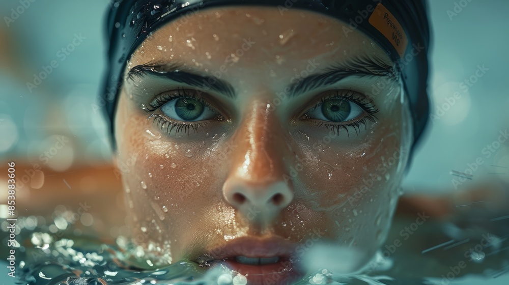 Close up woman athlete wearing black swimming hat swimming in the race track, determined eyes, open him mouth Close up woman athlete wearing black swimming hat swimming in the race track, determined eyes, open him mouth