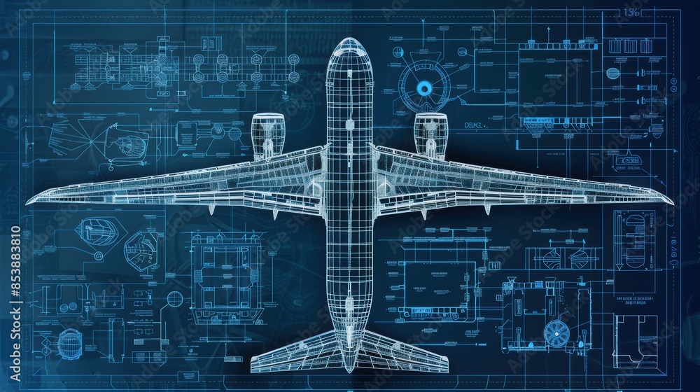 © kitidach - Detailed blueprint of an airplane showcasing intricate engineering design and technical schematics on a blue background.