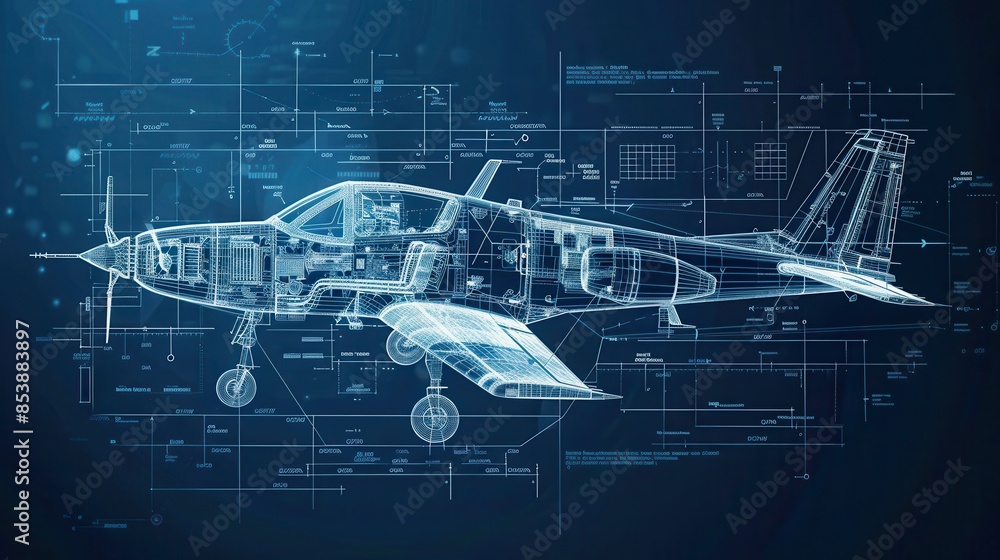 Detailed technical blueprint of an airplane showcasing intricate design ...