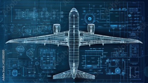 Wallpaper Mural Detailed blueprint of an airplane showcasing intricate engineering design and technical schematics on a blue background. Torontodigital.ca