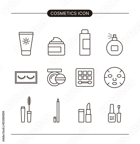 Set of minimal line icons for makeup and cosmetics concept. Lotion, lipstick, nail polish, cream, sunscreen, essence, perfume, eyelashes, cushion, eye shadow, mascara, powder, pack, eyebrow pencil.