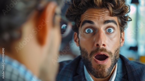 man in suit with surprised face, talking photo