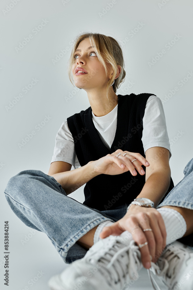 Fototapeta premium A young woman with blonde hair sits gracefully on the floor, legs crossed, in stylish casual attire against a grey backdrop.