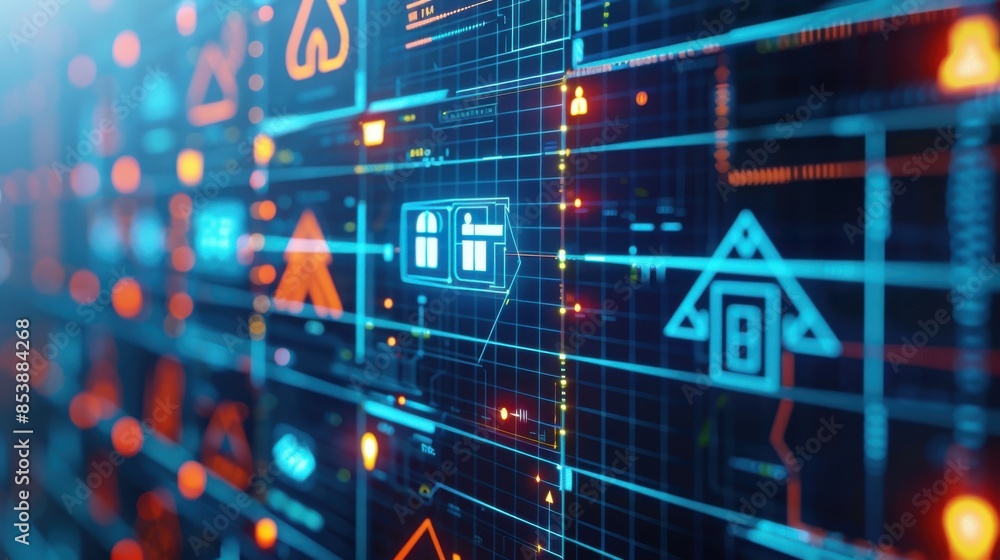 Digital grid interface with abstract futuristic icons and technology symbols, representing communication and network connectivity. Digital grid interface with abstract futuristic icons and technology symbols, representing communication and network connectivity.
