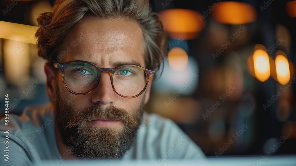 Portrait of a beard business man with brown framed eyeglasses sitting in an office, laptop in front Portrait of a beard business man with brown framed eyeglasses sitting in an office, laptop in front