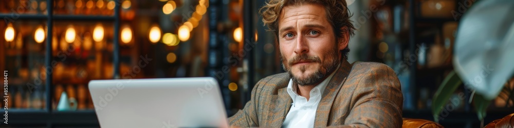 businessman with shaggy medium length dark blonde hair and a short beard, dressed smart, sits with a laptop and coffee in central London. businessman with shaggy medium length dark blonde hair and a short beard, dressed smart, sits with a laptop and coffee in central London.