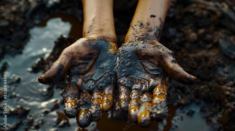 Hands wet from crude oil against the background of spilled petroleum products. Crisis of the oil industry. Economic recession. Black gold. Hands wet from crude oil against the background of spilled petroleum products. Crisis of the oil industry. Economic recession. Black gold.