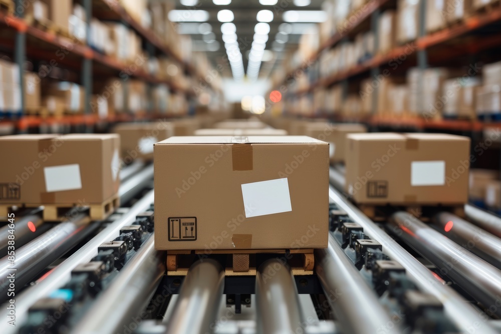 Cardboard boxes on conveyor rollers inside a warehouse ready to be shipped by courier for distribution Cardboard boxes on conveyor rollers inside a warehouse ready to be shipped by courier for distribution