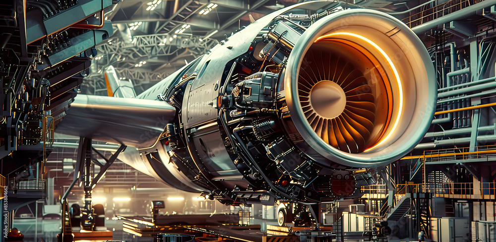 Hyper-realistic scene: Aircraft engine maintenance in hangar pr essional setting clear focus. Hyper-realistic scene: Aircraft engine maintenance in hangar pr essional setting clear focus.