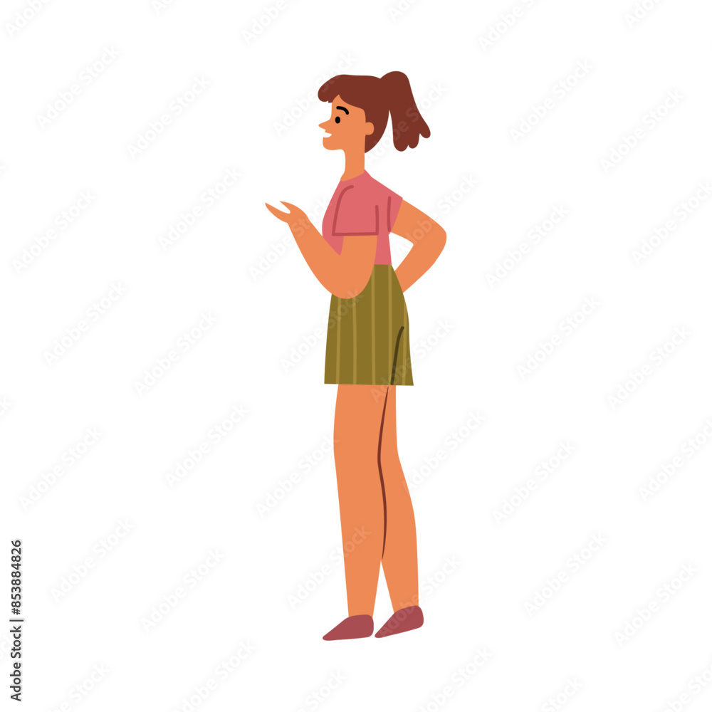 Woman in shirt skirt side view isolated flat cartoon character. Vector pretty girlfriend in modern outfit, trendy teenager or businesswoman office worker, vector illustration Woman in shirt skirt side view isolated flat cartoon character. Vector pretty girlfriend in modern outfit, trendy teenager or businesswoman office worker, vector illustration