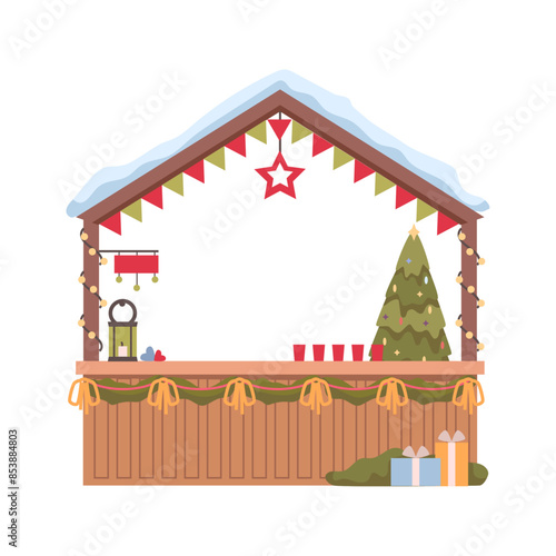 Christmas market stall kiosk vector. Cartoon traditional winter fair marketplace, wooden booth gift shop with souvenirs, garlands decoration, snow on roof, candies and gift boxes, New Year trees