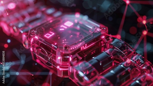 Digital smartwatch in neon pink light with futuristic design, showcasing advanced technology and modern aesthetics in a high-tech environment.