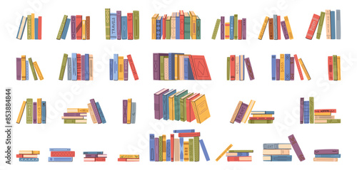 Stacks and rows of books for reading, pile of textbooks for education. Vector set of literature and dictionaries, encyclopedias and various documents teaching materials publications