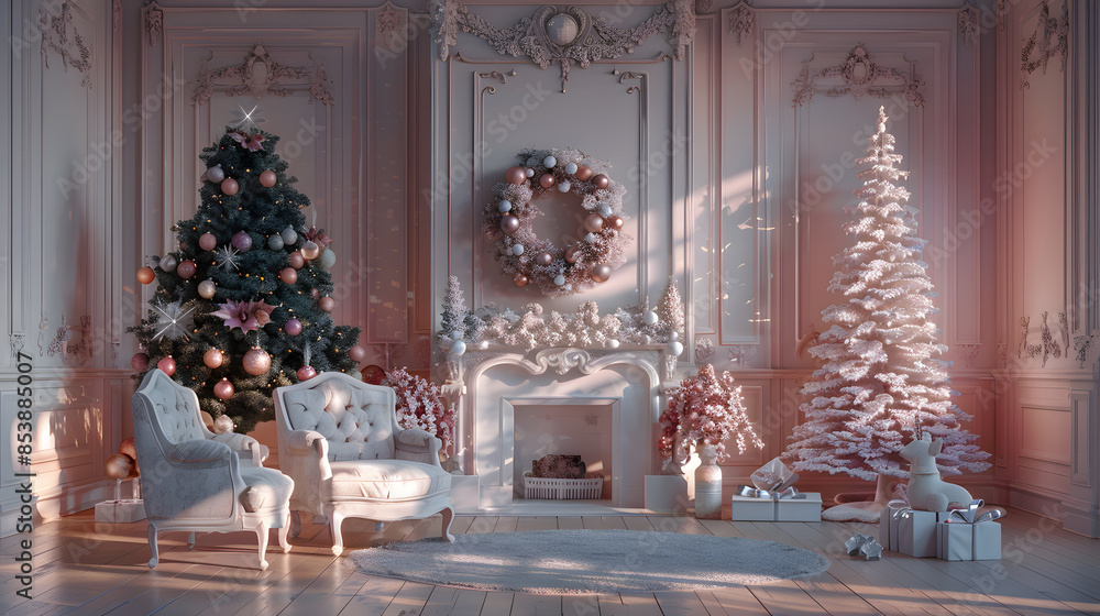 Obraz premium Beautiful festive Christmas interior in pastel colors with a New Year tree. AI Generated